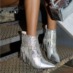 AZALEA WANG Silver Vegan Leather Fringe High Heel Booties